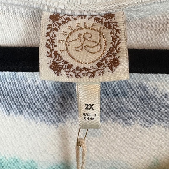 NWT Truself Blue/Yellow/Green/White Striped Short Sleeve Crewneck Pullover Top - Picture 6 of 8